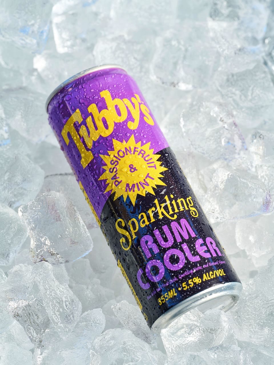 A can of Tubby's Passionfruit and Mint Sparkling Rum Cooler on ice